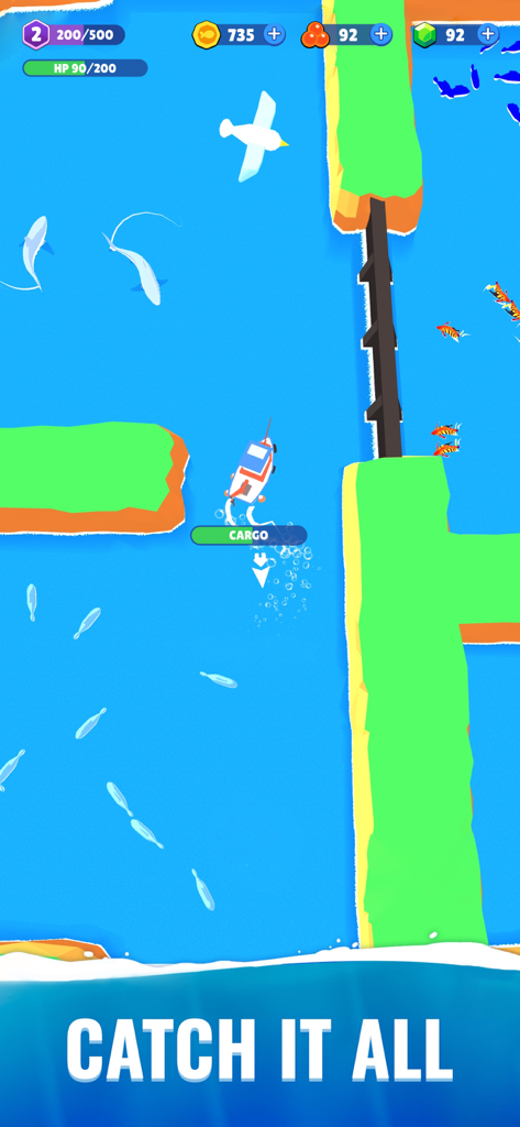 Idle Fish 2: Fishing Tycoon - A top down view of a fishing boat in blue water surrounded by various fish and islands in Idle Fish 2