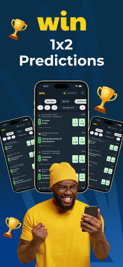 Win 1x2 Betting tips - Ein Mann lächelt, während er die Win 1x2 Wett-Tipps App benutzt, um tägliche Sportvorhersagen und Spielquoten anzuzeigen