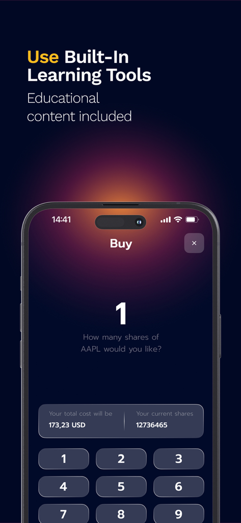 Stock Trading Online - Mobile app interface for simulated stock trading showing a buy order for Apple shares with educational learning tools headline.
