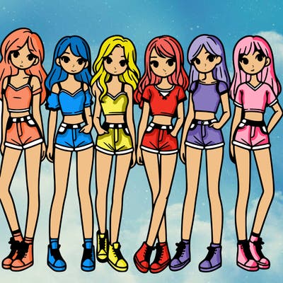 a group of girls wearing crop tops and shorts