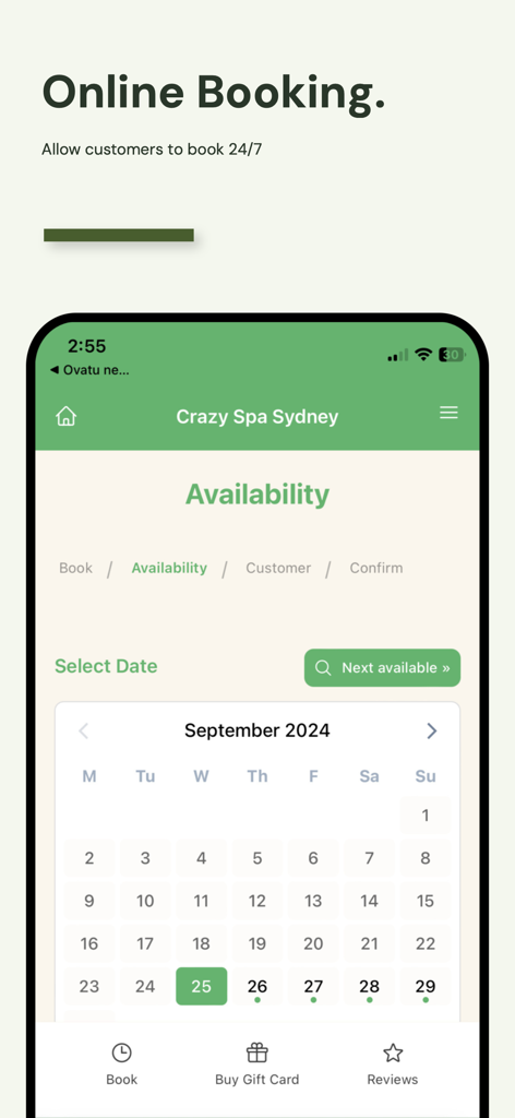Ovatu - Ovatu online booking system showing appointment availability on mobile