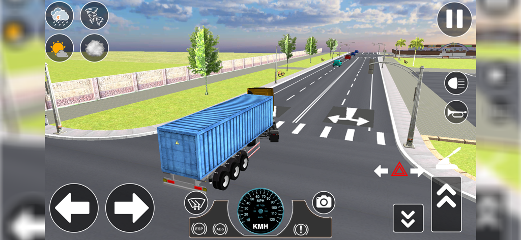 Cargo Delivery Transport - A blue container truck driving on a suburban road in the Cargo Delivery Transport simulator game