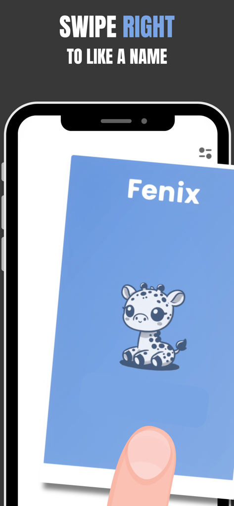 Babyname - Find Baby Name - A mobile screen showing the Babyname app interface with a card for the name Fenix and an illustration of a giraffe being swiped right.