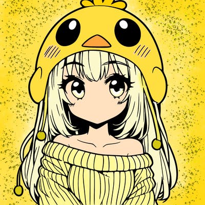 anime girl with chick shaped hat with sweater with bare shoulders with bangs covering them one eye with low tail