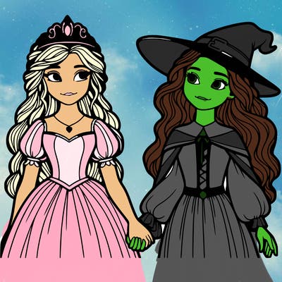 a princess and a witch holding hands realistic