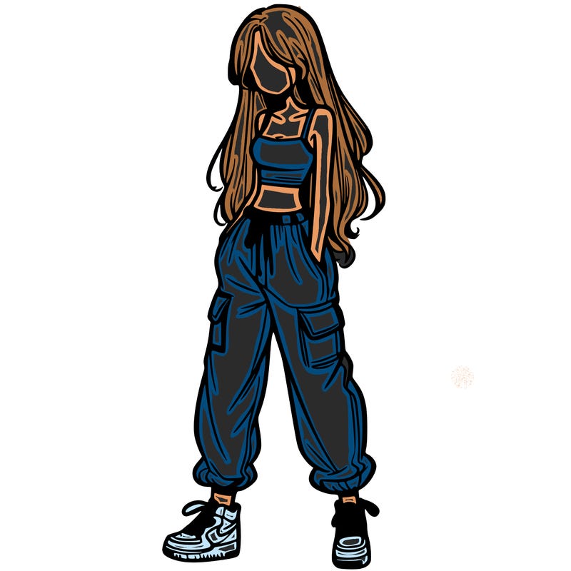 girl in baggy pants crop top and long hair