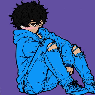 a male hoddie ripped jeans messy hair anime
