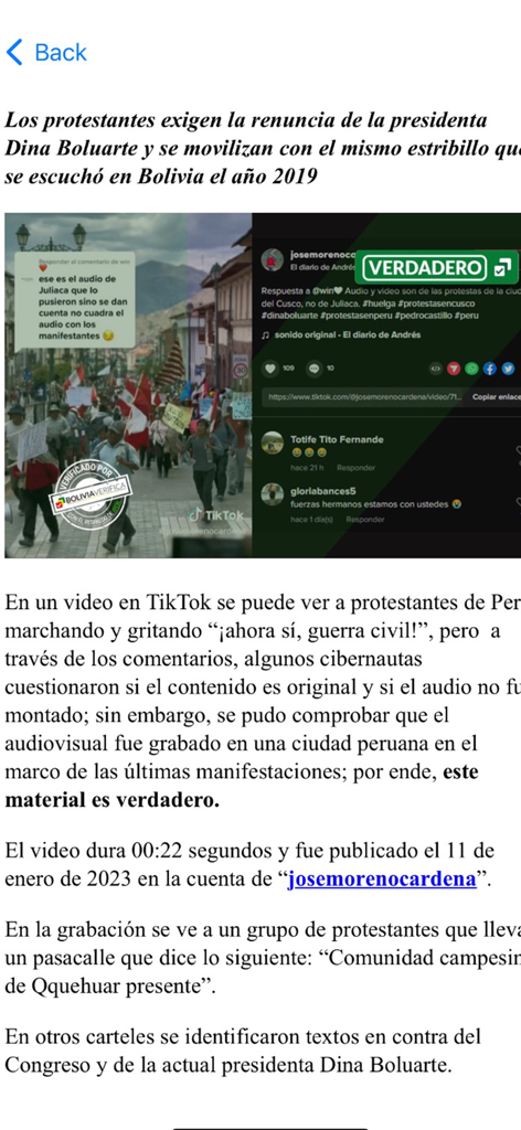 Bolivia Verifica - Un artículo de noticias en la aplicación Bolivia Verifica que muestra una afirmación verificada como verdadera sobre protestas sociales