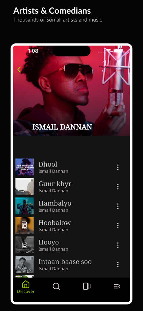 Heesify - Somali Music - Heesify app artist profile page for Ismail Dannan featuring a list of Somali songs.