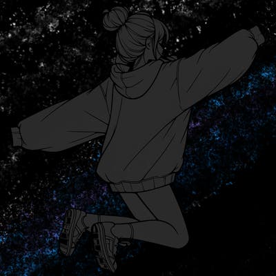 realistic girl jumping with a bun and oversized sweatshirt