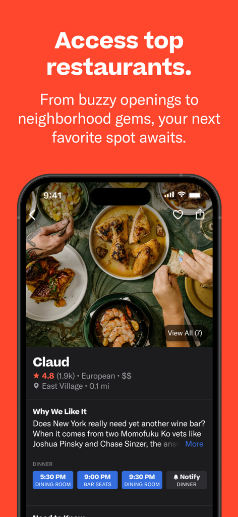 Resy app screenshot showing a restaurant profile for Claud with food photos and available dinner reservation times.