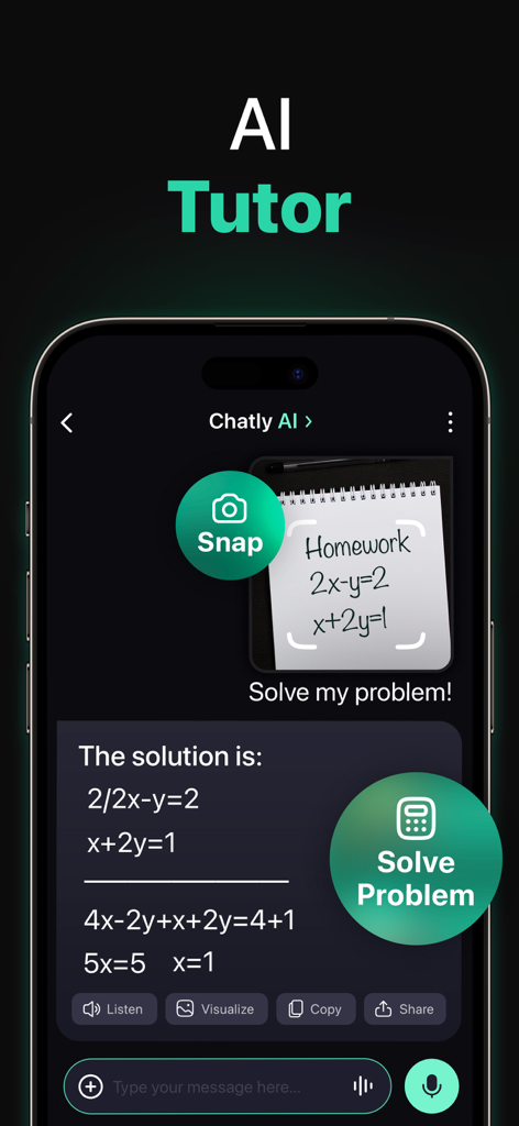 Chatly: AI Chatbot & Assistant - Mobile app interface of Chatly AI Tutor solving a handwritten math problem with step-by-step instructions after a photo snap.