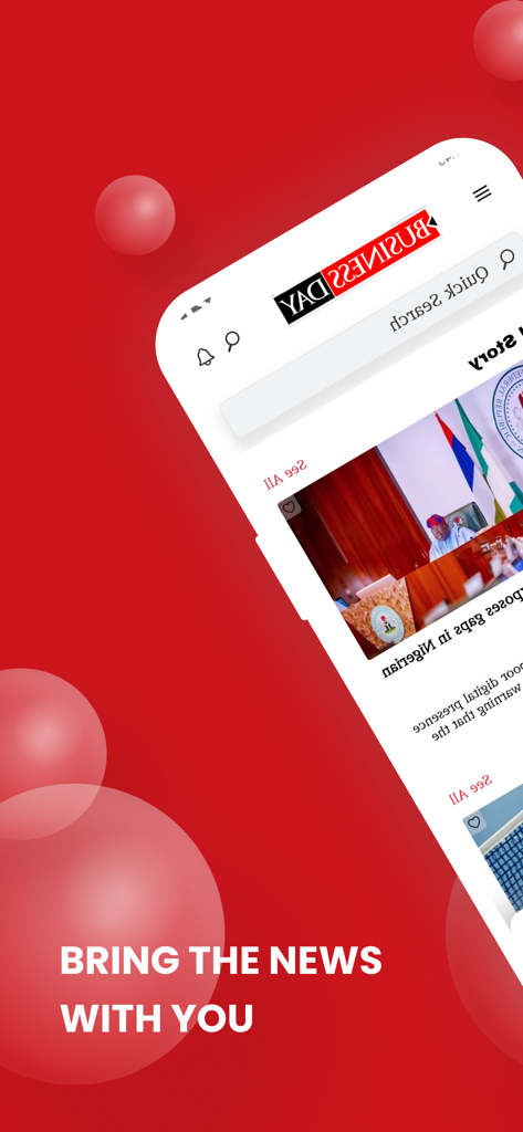 A smartphone displaying the BusinessDay news app interface with the slogan Bring the news with you on a red background