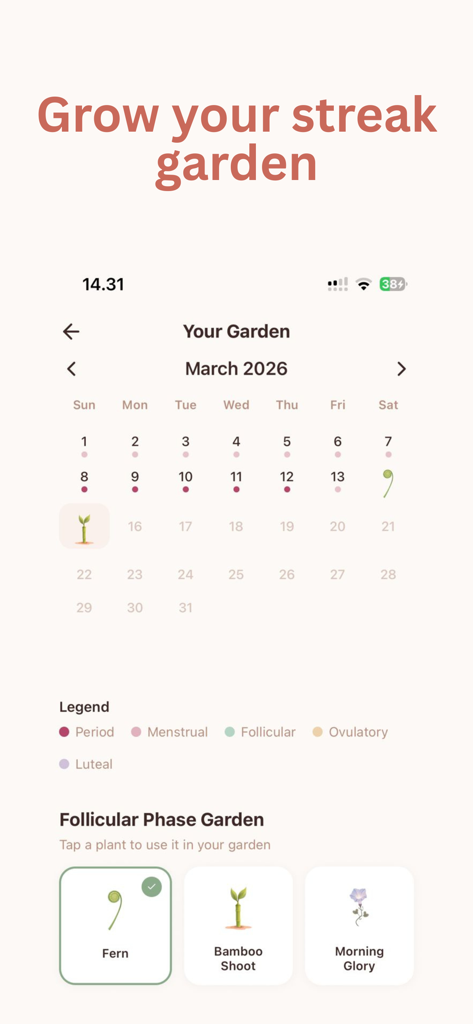 Rasa: Cycle Sync Fitness - Rasa fitness app streak garden interface showing a monthly calendar with cycle phase tracking and collectible plants.