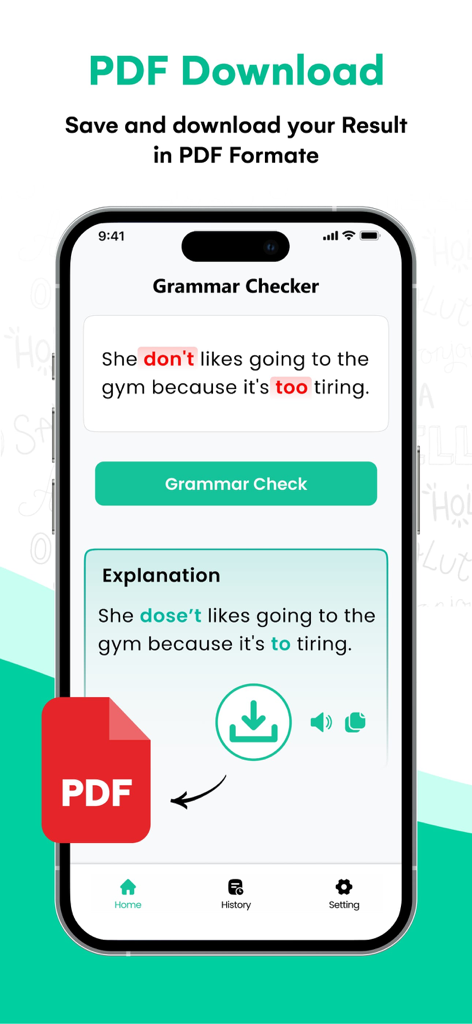Interface of the AI Grammar Check app highlighting the option to download proofreading results as a PDF