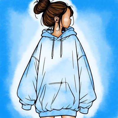 realistic girl with a oversized sweatshirt on and a bun