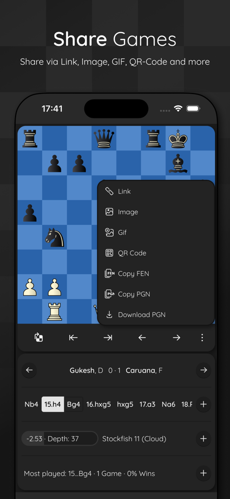 ChessBase Mobile - チェスベースモバイルアプリのインターフェース。PGNおよびFEN形式を含むチェスゲームのさまざまな共有オプションを表示