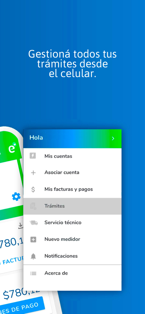 Pantalla de smartphone mostrando el menú principal de la app edenordigital con opciones para gestionar cuentas y pagos.