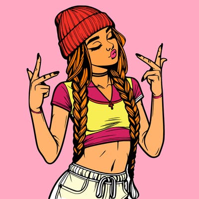 realistic teenage girl with braids and a beanie and crop top doing 🫶🏼