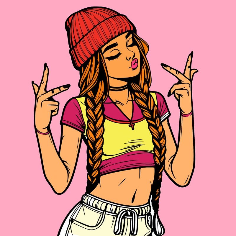 realistic teenage girl with braids and a beanie and crop top doing 🫶🏼
