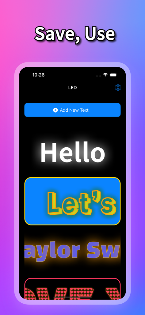 LED Banner, Scroller - Interfaz de la aplicación Banner LED mostrando una lista de diseños de texto de desplazamiento personalizados guardados.