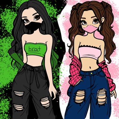 2 girls in crop tops and baggy jeans ripped