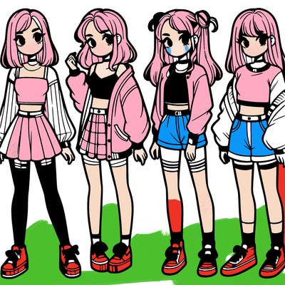 one girl with crop-top shirt and a jacket with a skirt, long socks and another girl with a shirt and pants with a jacket