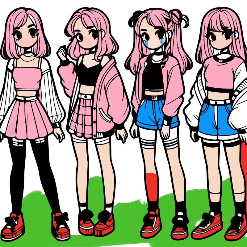 one girl with crop-top shirt and a jacket with a skirt, long socks and another girl with a shirt and pants with a jacket