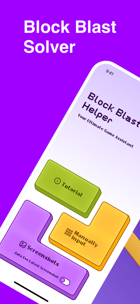 블록 블라스트 도우미 앱 메인 인터페이스, 수동 입력 및 스크린샷 분석 옵션 기능