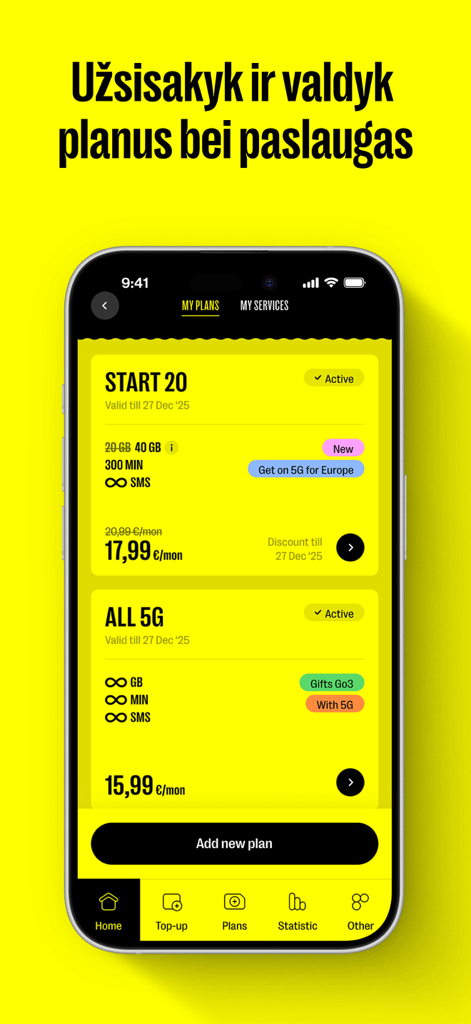 MANO LABAS - Smartphone screen displaying mobile data and calling plans within the Mano Labas app on a bright yellow background.