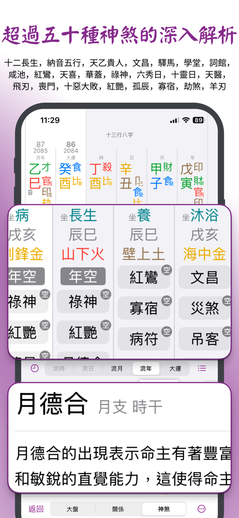 十三行八字 - 智能分析「刑沖會合」 - 十三行八字App的詳細八字占星分析畫面，展示各種玄學符號及其在中國的含義。