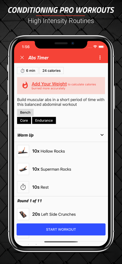 MMA Spartan Workouts Pro app screenshot displaying a 6-minute high intensity abs workout routine and timer.
