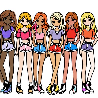 a group of girls wearing crop tops and shorts