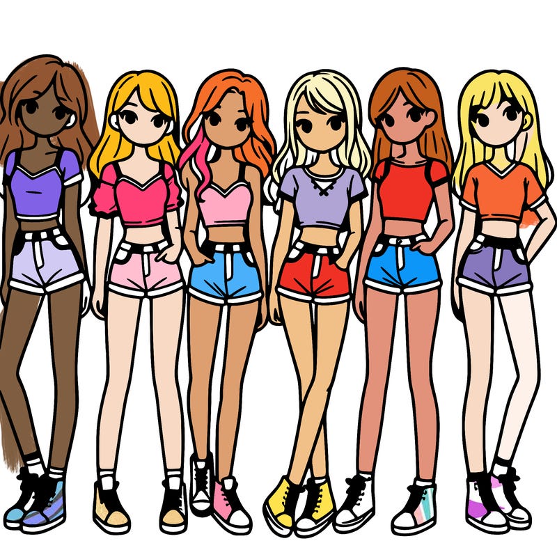 a group of girls wearing crop tops and shorts