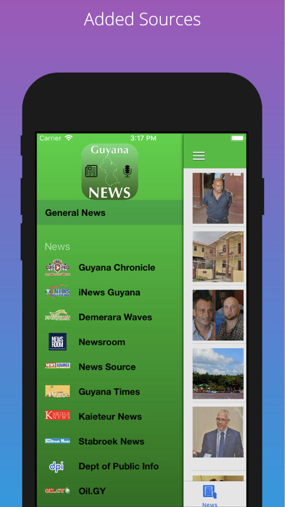 Guyana News by GP - Interfaz de la aplicación Guyana News by GP que enumera fuentes de noticias y miniaturas de artículos
