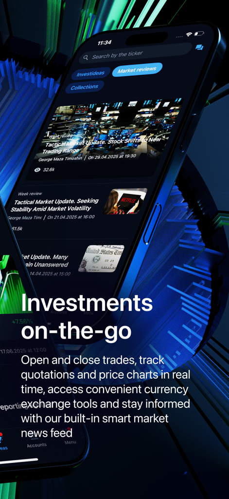 Interfaccia dell'app mobile Freedom24 che mostra aggiornamenti di mercato in tempo reale e un feed di notizie strategiche