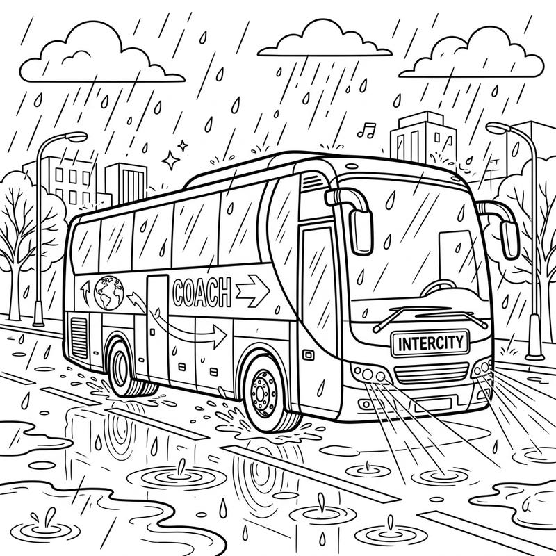 Journey through the cityscape on a classic intercity coach bus as it navigates a beautifully rendered rainy day. This detailed coloring page captures the cozy yet dynamic atmosphere of a wet urban adventure.