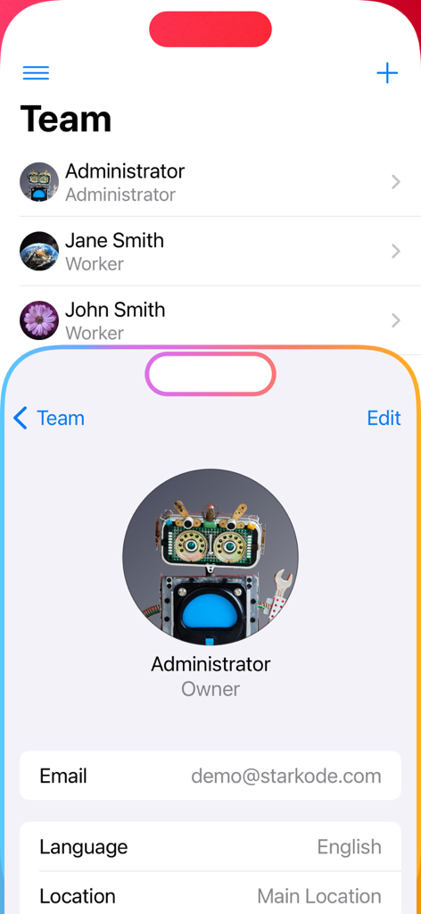 Inventory for Business - Team management screen showing user roles and profiles in the Inventory for Business app