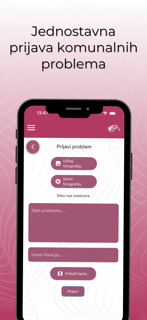 Moja Pušća - Pantalla de la aplicación móvil Moja Pusca para reportar problemas comunitarios con campos de foto y ubicación.