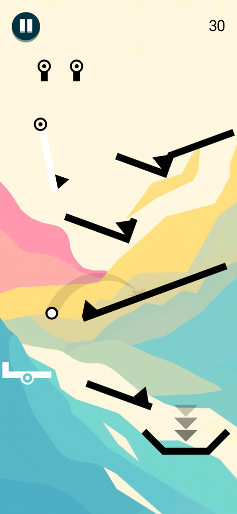 Una palla bianca che naviga attraverso piattaforme nere in un gioco puzzle minimalista basato sulla fisica con uno sfondo pastello vibrante.