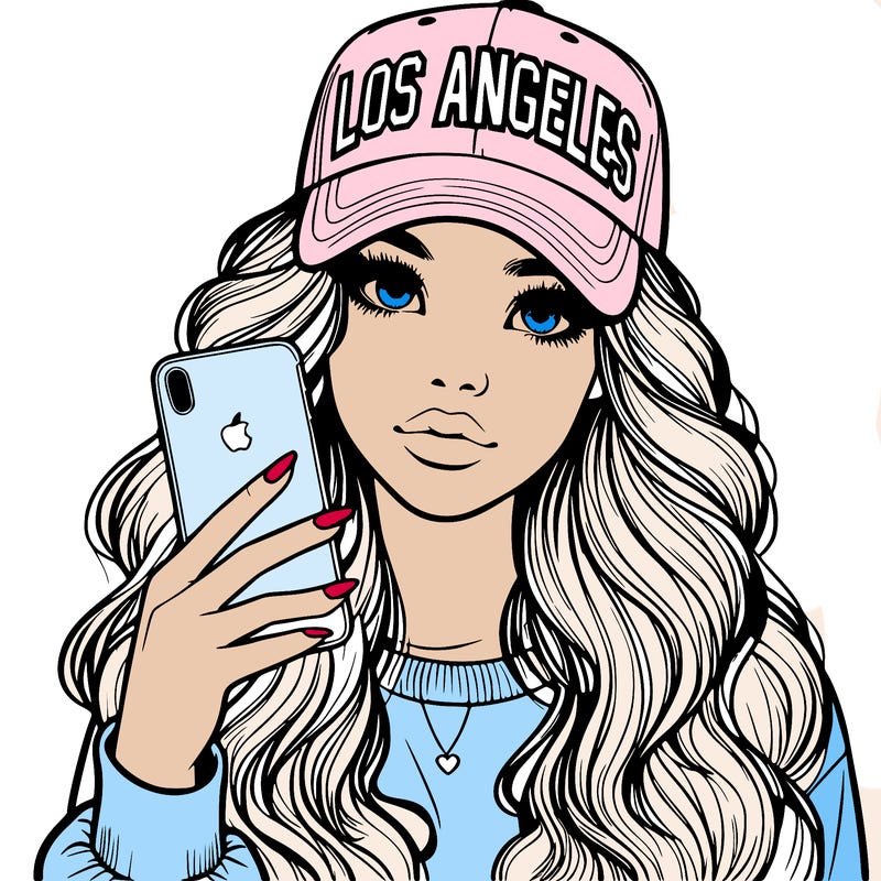realistic beautiful girl wearing los ángeles cap holding an iphone