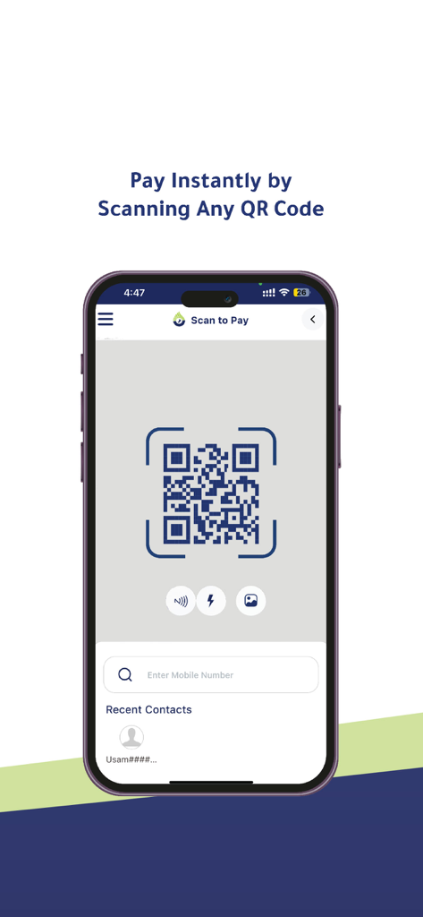 ONEIC Pay - ONEIC Pay mobile app interface displaying the scan to pay feature with a QR code