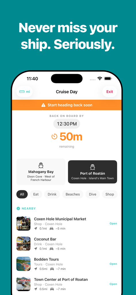 Roatán Insider - Pantalla 'Día de Crucero' de la aplicación Roatan Insider con un temporizador de cuenta regresiva para regresar al barco y una lista de tiendas y restaurantes locales cercanos.