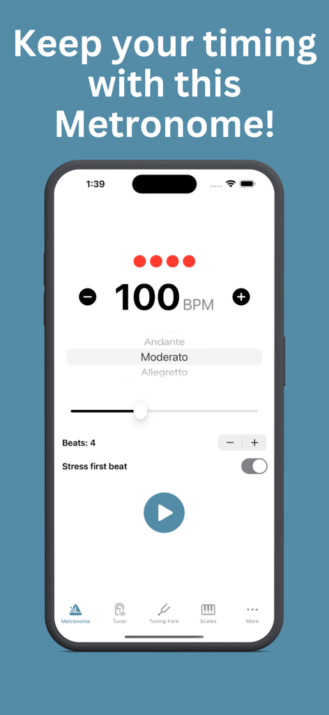BeatTune - Tuner and Metronome - Interface do metrônomo do aplicativo BeatTune mostrando 100 BPM com configuração de andamento Moderato e controles de batida.