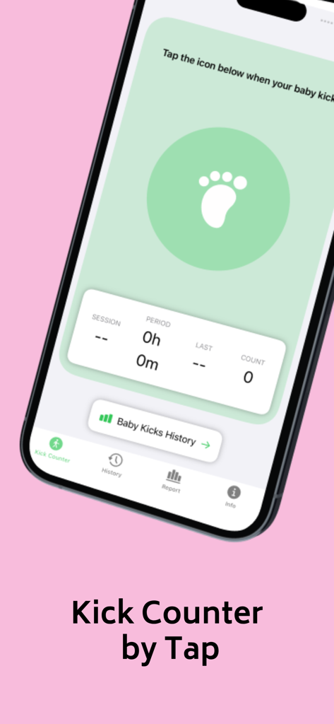 Baby kick counter app interface with a tap button and movement tracking statistics