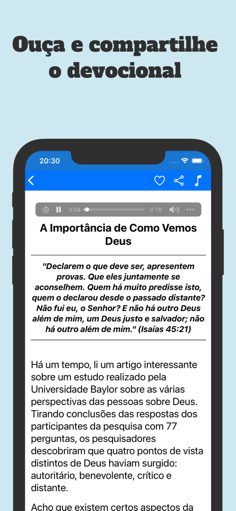 Harpa cristã com áudio: Hinos - Tela móvel do aplicativo Harpa Crista mostrando um devocional diário com controles de reprodução de áudio e opções de compartilhamento
