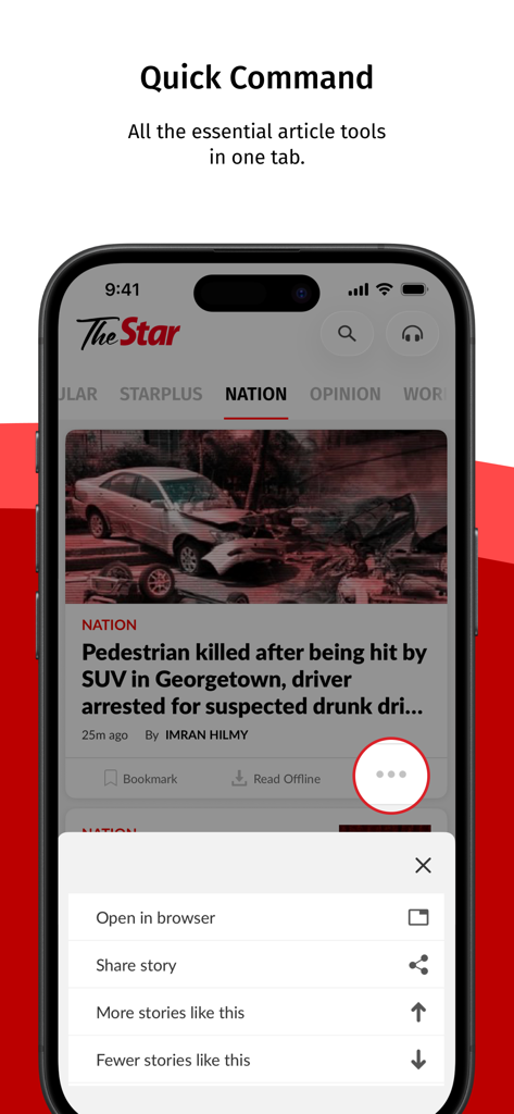 The Star Malaysia - Interface of The Star Malaysia news app showing a Quick Command menu with tools for sharing and managing news articles
