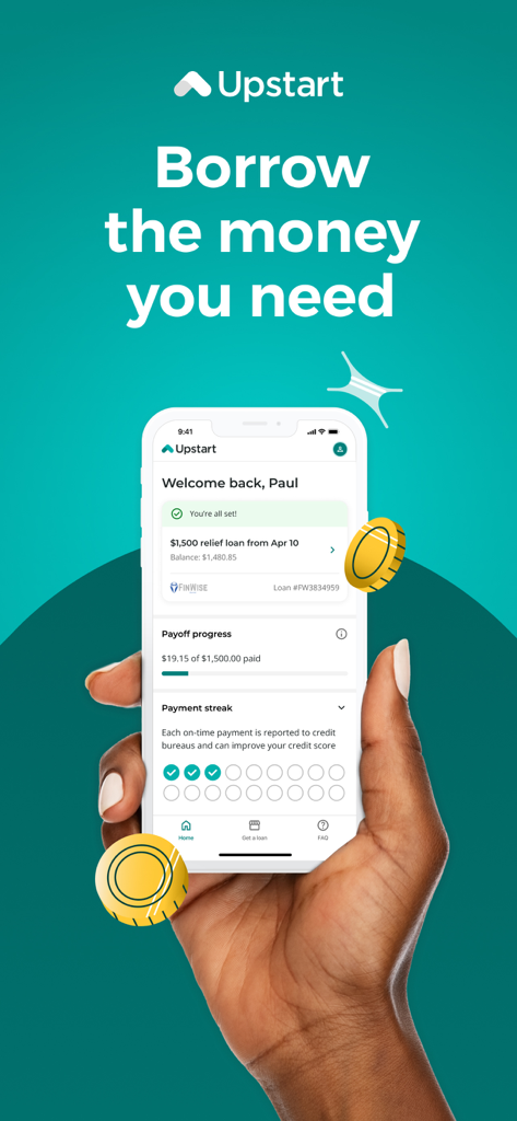 A smartphone displaying the Upstart personal loan dashboard with payoff progress and payment streak