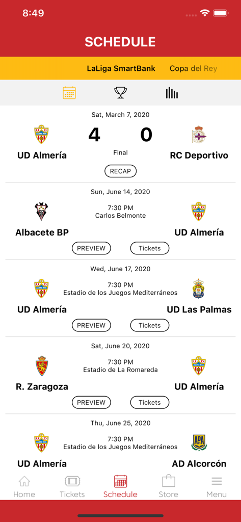 UD Almería - Official App - Écran du calendrier de l'application officielle UD Almeria avec les résultats des matchs et les prochains affrontements