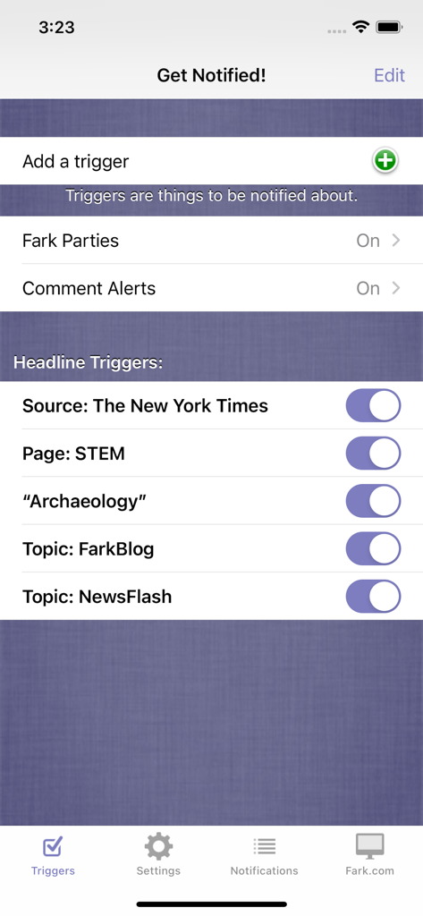 Mobile screen showing notification triggers for the Hey! on Fark.com app, including alerts for Fark parties and specific headline topics like STEM and archaeology.